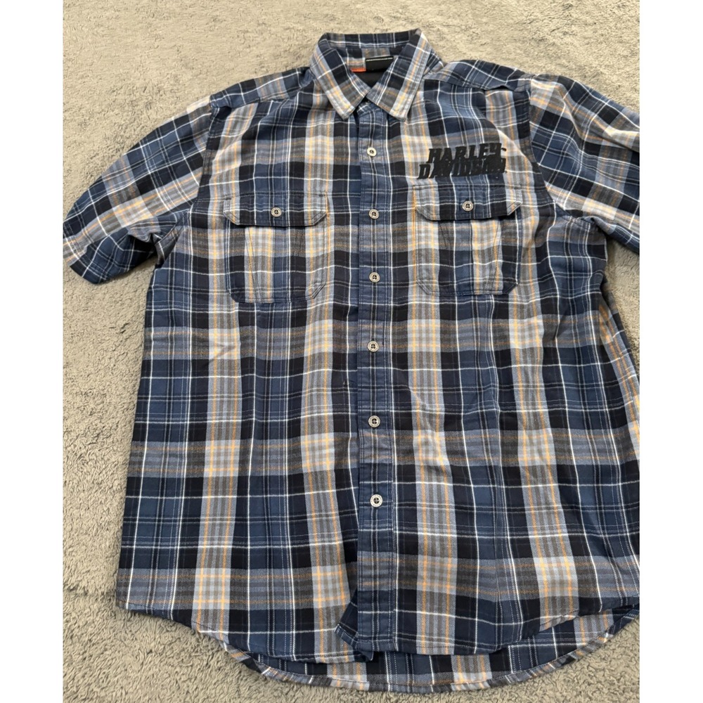 Harley Davidson Shirt Men L Blue Plaid Embroidered Logo Thick Short Sleeve